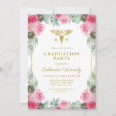 Roze Gouden Bloemen Verpleegschool Foto Afstuderen Kaart (Voorkant)