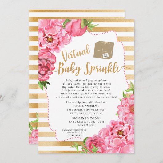 Roze Gouden Bloemen Virtual Baby Sprinkle Kaart (Voorkant / Achterkant)