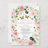 Roze Gouden Bloemen Vlinder Baby shower per Mail Kaart (Voorkant)