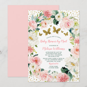 Roze Gouden Bloemen Vlinder Baby shower per Mail Kaart