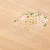 Roze Gouden Bloemen Vlinder Quinceañera Acryl Uitnodigingen (Laagn)