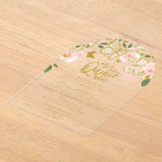 Roze Gouden Bloemen Vlinder Quinceañera Acryl Uitnodigingen (Laagn)