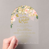 Roze Gouden Bloemen Vlinder Quinceañera Acryl Uitnodigingen (Insitu (Draagbaar))