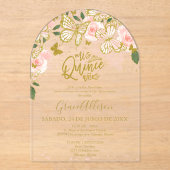 Roze Gouden Bloemen Vlinder Quinceañera Acryl Uitnodigingen (Voorkant)