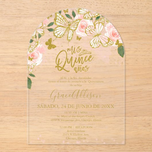 Roze Gouden Bloemen Vlinder Quinceañera Acryl Uitnodigingen (Voorkant)
