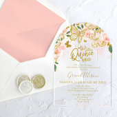 Roze Gouden Bloemen Vlinder Quinceañera Acryl Uitnodigingen