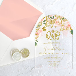 Roze Gouden Bloemen Vlinder Quinceañera Acryl Uitnodigingen