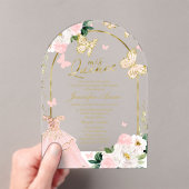 Roze Gouden Bloemen Vlinder Quinceañera Acryl Uitnodigingen (Insitu (Draagbaar))