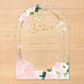 Roze Gouden Bloemen Vlinder Quinceañera Acryl Uitnodigingen (Voorkant)