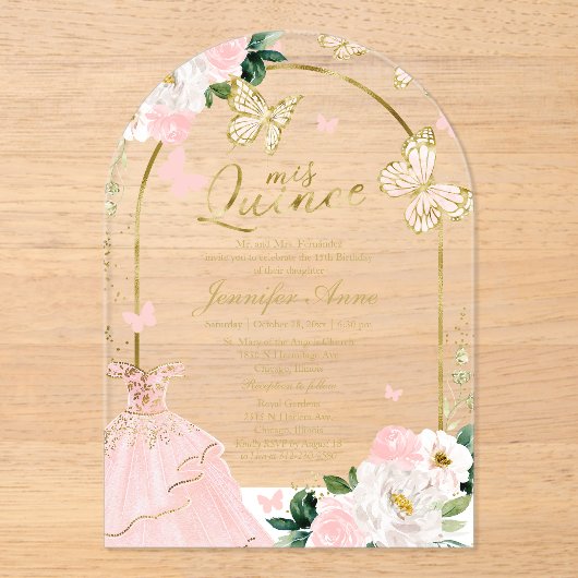 Roze Gouden Bloemen Vlinder Quinceañera Acryl Uitnodigingen (Voorkant)
