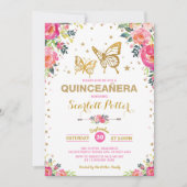 Roze Gouden Bloemen Vlinder Quinceañera Verjaardag Kaart (Voorkant)