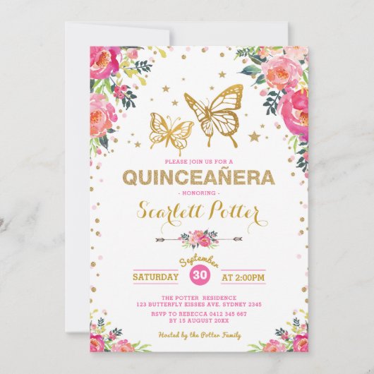 Roze Gouden Bloemen Vlinder Quinceañera Verjaardag Kaart (Voorkant)