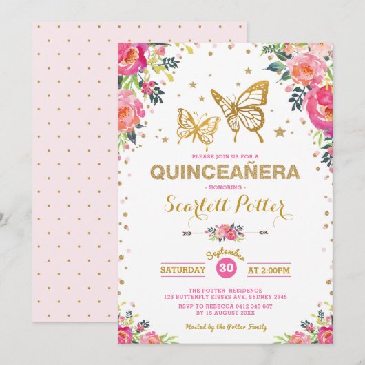 Roze Gouden Bloemen Vlinder Quinceañera Verjaardag Kaart (Voorkant / Achterkant)