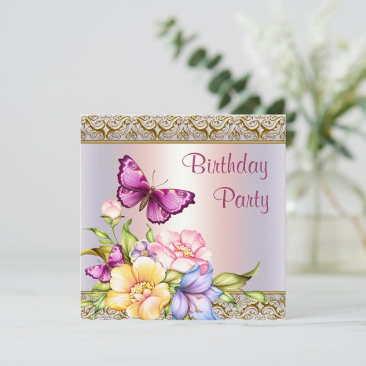 Roze Gouden Bloemen Vlinder Vrouwen Verjaardagsfee Kaart (Staand voorkant)