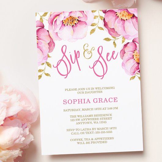 Roze Gouden Bloemen Waterverf Sip and See Invitati Kaart