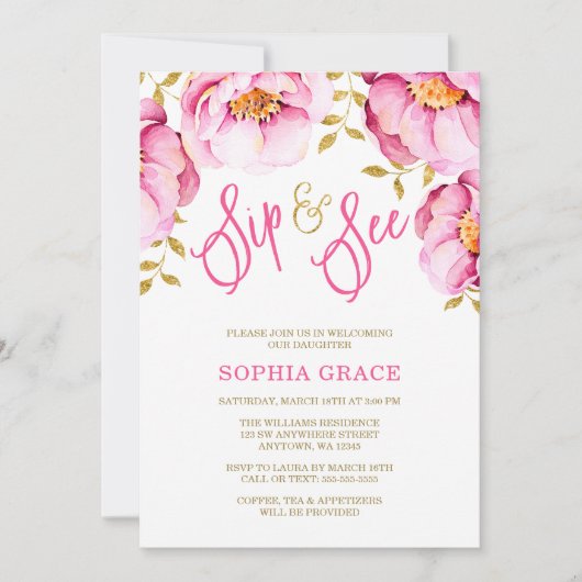 Roze Gouden Bloemen Waterverf Sip and See Invitati Kaart (Voorkant)
