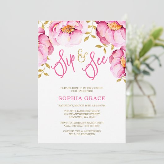 Roze Gouden Bloemen Waterverf Sip and See Invitati Kaart (Staand voorkant)