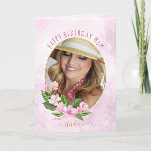 Roze Gouden Bloemenkrans Aangepaste Foto Verjaarda Kaart (Voorkant)