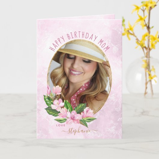 Roze Gouden Bloemenkrans Aangepaste Foto Verjaarda Kaart (Gele Bloem)