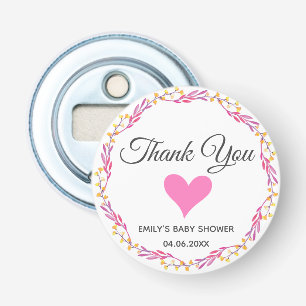 Roze & Gouden Bloemenkrans Dank Je Wel Baby Shower Button Flesopener