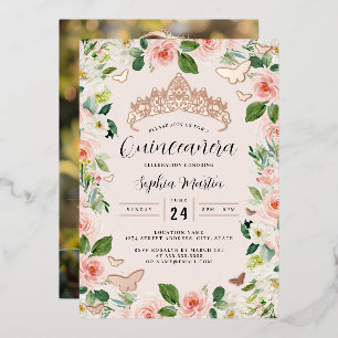 Roze Gouden Bloemenkrans Vlinder Foto Quinceanera Folie Uitnodiging