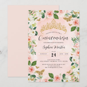 Roze Gouden Bloemenkrans Vlinder Quinceanera Kaart