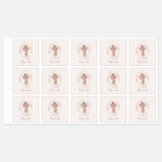 roze gouden bloemenkruis Heilig Water Labels (Vel)