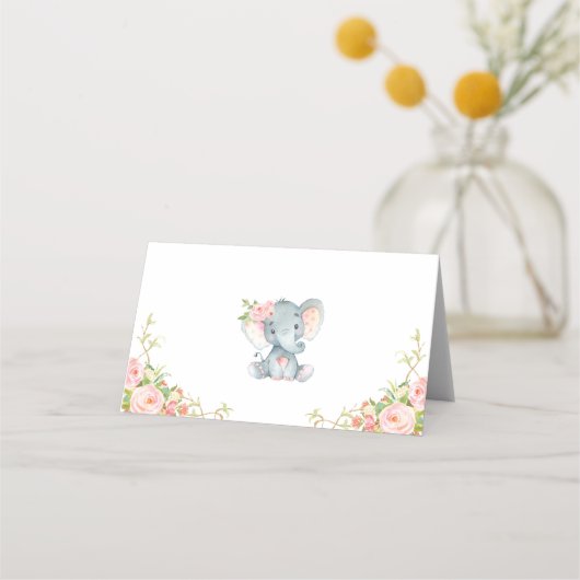 Roze Gouden Bloemenolifant Baby shower Verjaardag Plaatskaartje (Achterkant)