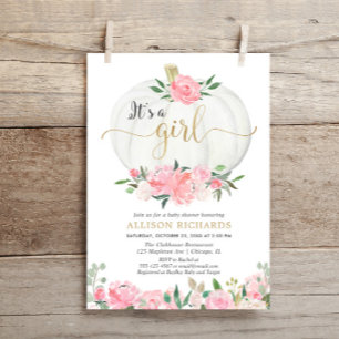 Roze gouden bloemenpompoen Het is een meisje baby Kaart