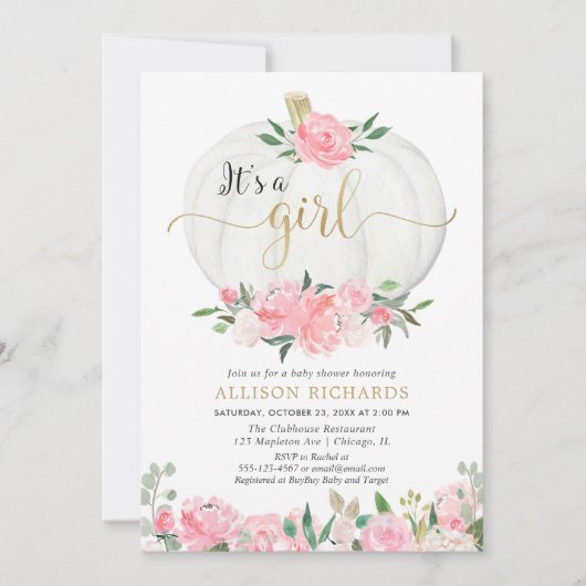 Roze gouden bloemenpompoen Het is een meisje baby  Kaart (Voorkant)