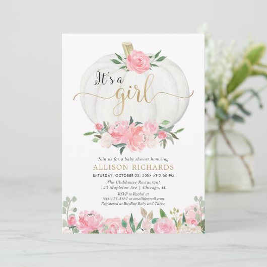 Roze gouden bloemenpompoen Het is een meisje baby  Kaart (Staand voorkant)