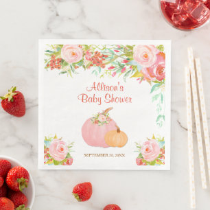 Roze gouden bloemenpompoenen herfst baby shower servet