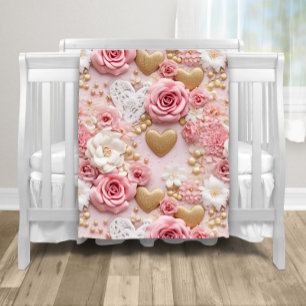 Roze Gouden Bloemhart Fleece Deken