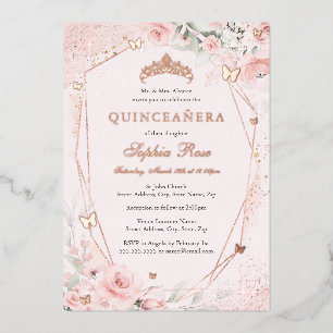 Roze Gouden Bloemige Blush Roze Vlinder Quinceaner Folie Uitnodiging