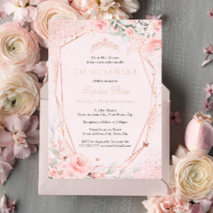 Roze Gouden Bloemige Blush Roze Vlinder Quinceaner Folie Uitnodiging