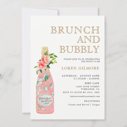 Roze gouden bloemige brunch en bubbels bruidsfeest kaart (Voorkant)