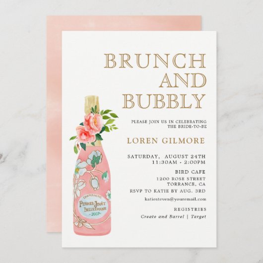 Roze gouden bloemige brunch en bubbels bruidsfeest kaart (Voorkant / Achterkant)
