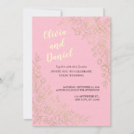 Roze Gouden Bloemige Elegante Trouwuitnodiging Kaart