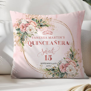 Roze Gouden Bloemige Eucalyptus Quinceañera Kussen