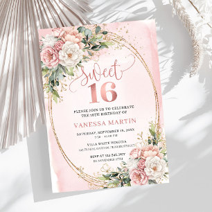 Roze Gouden Bloemige Eucalyptus Sweet Sixteen Uitn Kaart