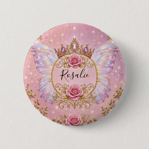 Roze & Gouden Bloemige Feeën Prinses Rozen Vlinder Ronde Button 5,7 Cm