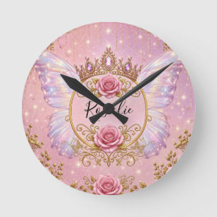 Roze & Gouden Bloemige Feeën Prinses Rozen Vlinder Ronde Klok