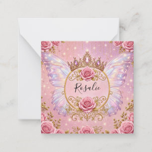 Roze & Gouden Bloemige Feeënprinses Rozen Vlinder Notitiekaartje