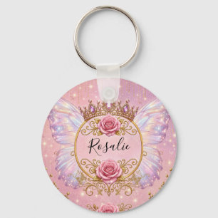 Roze & Gouden Bloemige Feeënprinses Rozen Vlinder Sleutelhanger