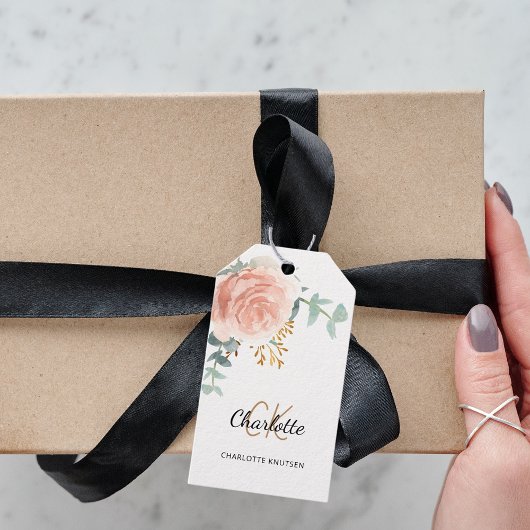 Roze gouden bloemige groene monogram bedrijfstag cadeaulabel