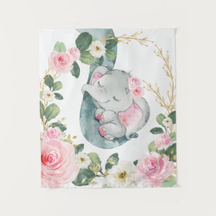 Roze Gouden Bloemige Groene Olifant Baby Nursery Wandkleed