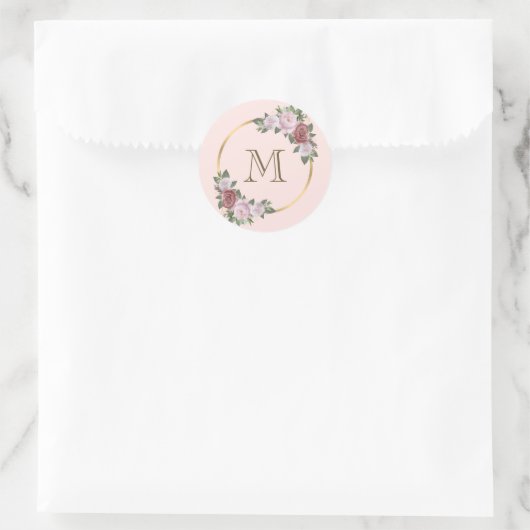 Roze Gouden Bloemige Monogram Initiaal Ronde Sticker (Tas)