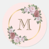 Roze Gouden Bloemige Monogram Initiaal Ronde Sticker (Voorkant)
