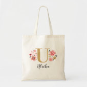 Roze Gouden Bloemige Monogram Letter "U" Tote Bag (Voorkant)
