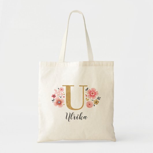 Roze Gouden Bloemige Monogram Letter "U" Tote Bag (Voorkant)